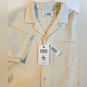 Original Penguin Cotton Gauze Short Sleeve Button Up Shirt Beige Men's Small NEW